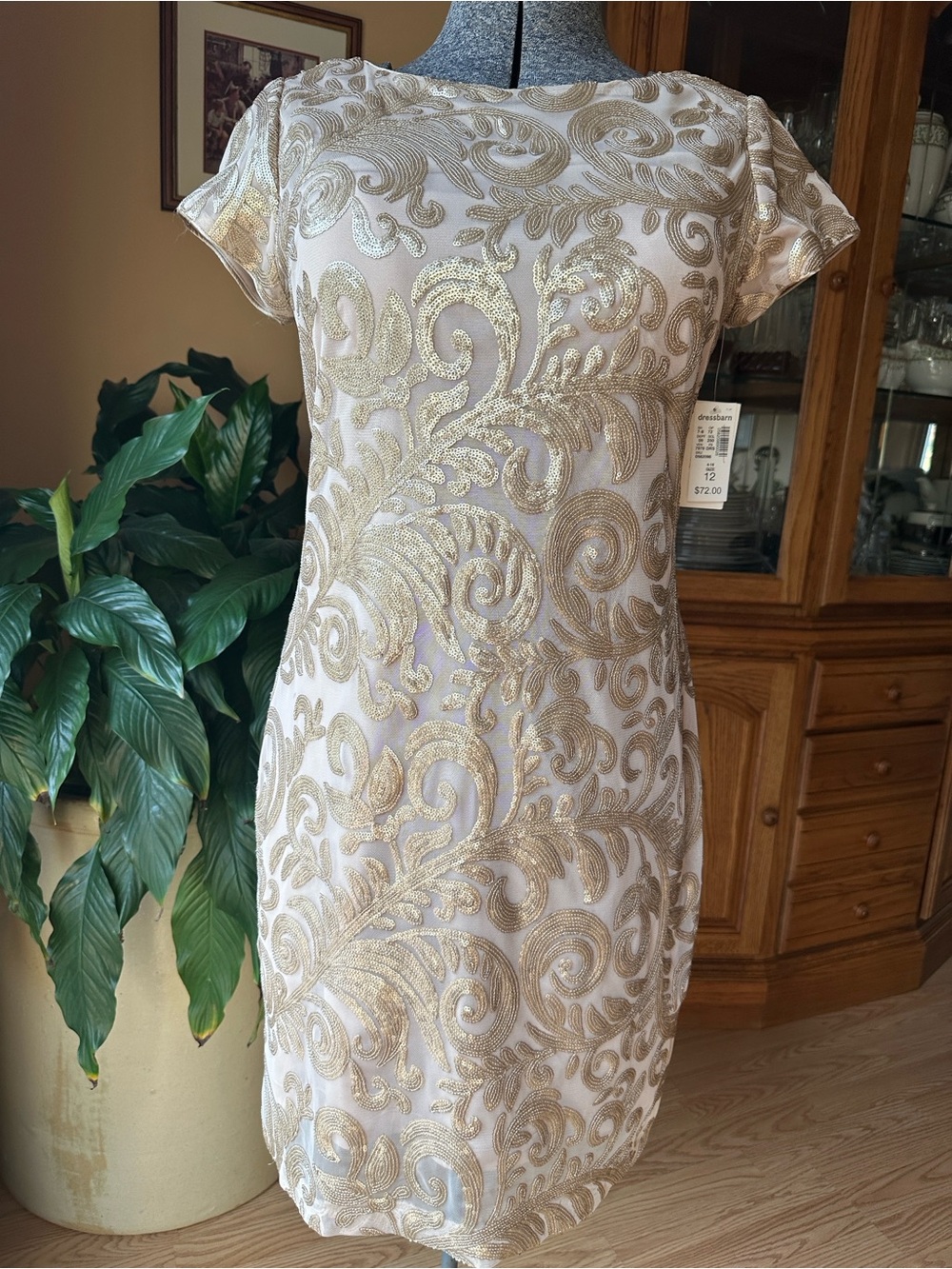 Dress Barn Metallic Gold Brocade Cap-Sleeve Cocktail Dress